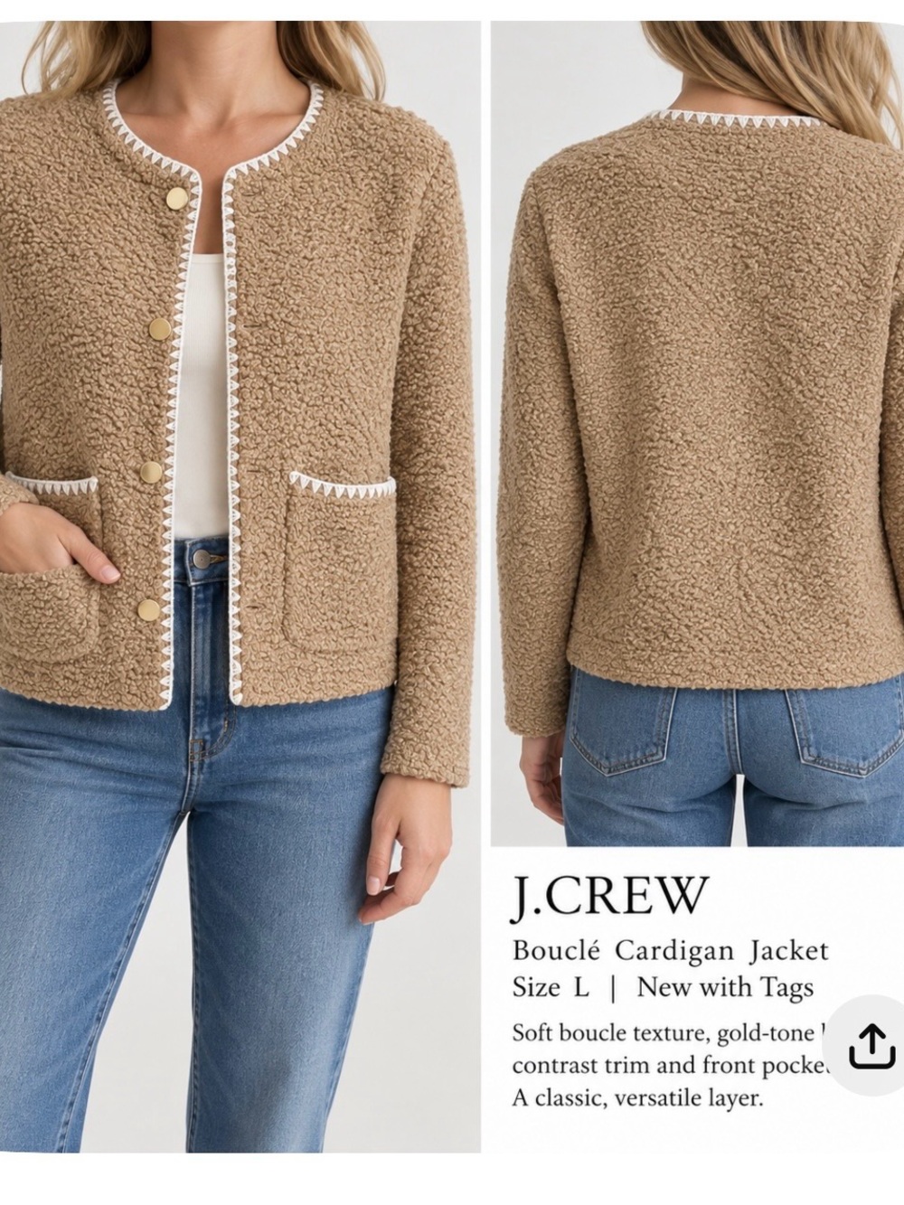 J.Crew Women’s Tan Bouclé Cardigan Jacket NWT Size Large